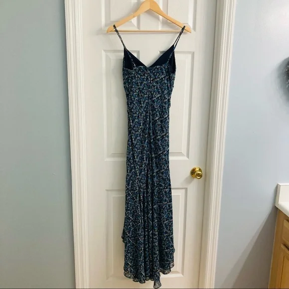 Vintage Cartise Dress Maxi Blue Black Floral Ruffled High Low Long Summer Small - Picture 9 of 12